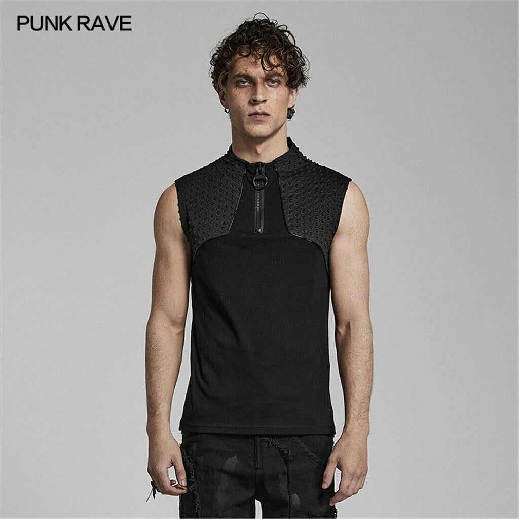 Punk Rave Men Black Gothic Cyberpunk Vest Summer Sleeveless Top Slim Fit Tank
