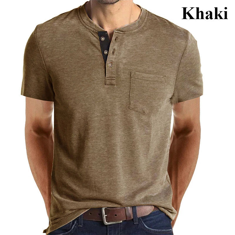 Men Slim Short Sleeve Buttoned T-shirt Cotton Blend Fit Tops Grandad Casual Tee