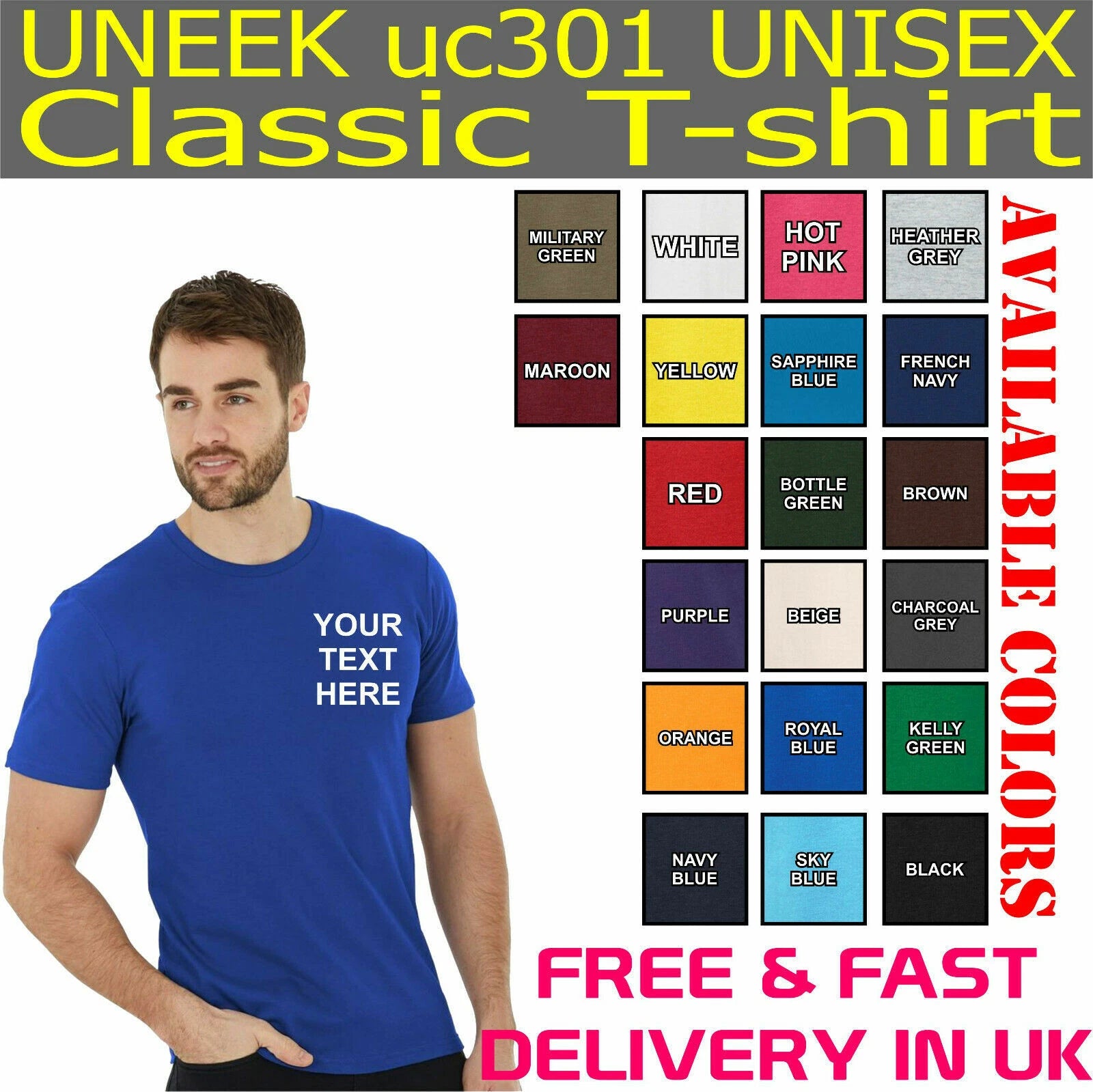 Personalised Printed Uneek UC301 Unisex Classic T-shirt Your Text Print Tee Top