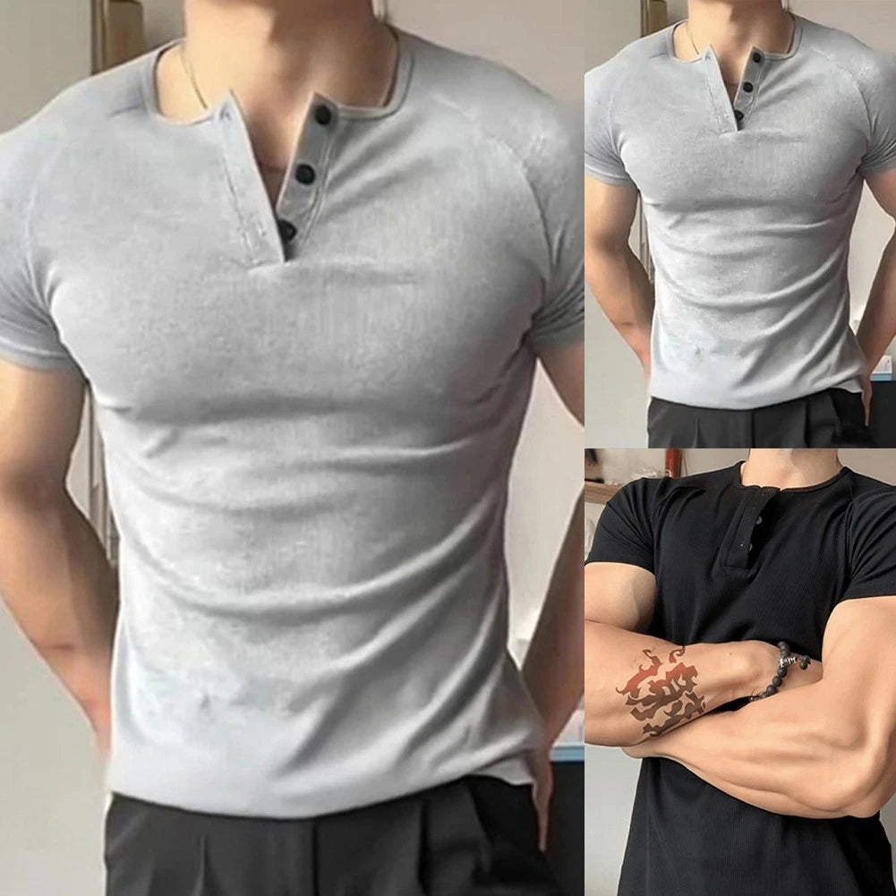 Loose Fit Men's Short Sleeve Solid T-Shirt for Henry Neck Casual Daily Wear Top