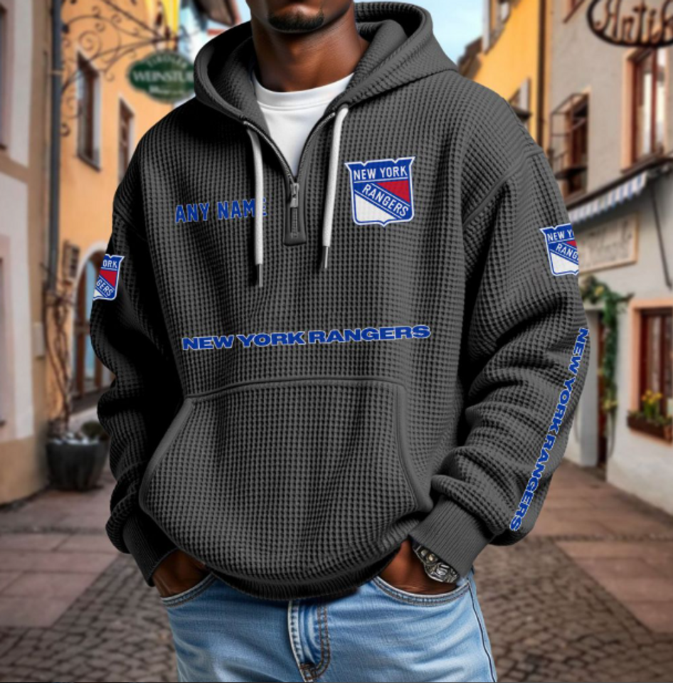 New York Rangers Personalized Name Waffle Quarter Zip Hoodie