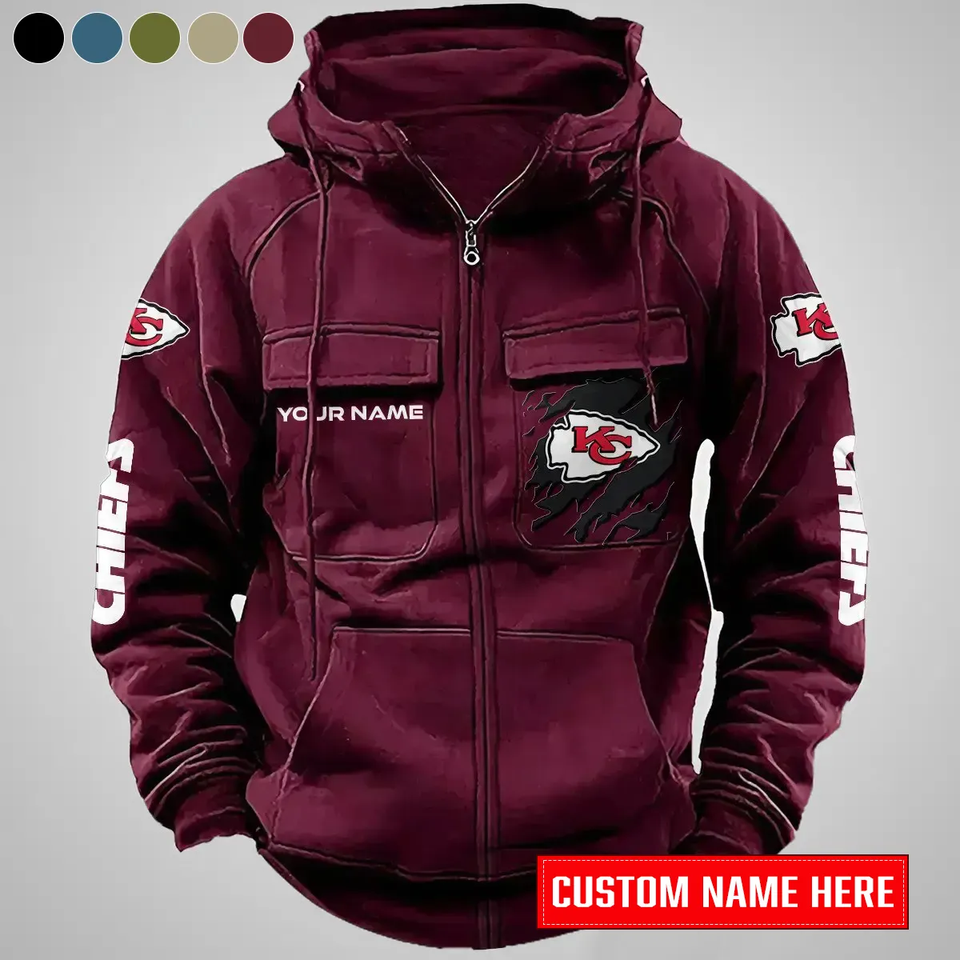 Kansas City Chiefs New Personalized Multi-Pockets Zip-Up Hoodie