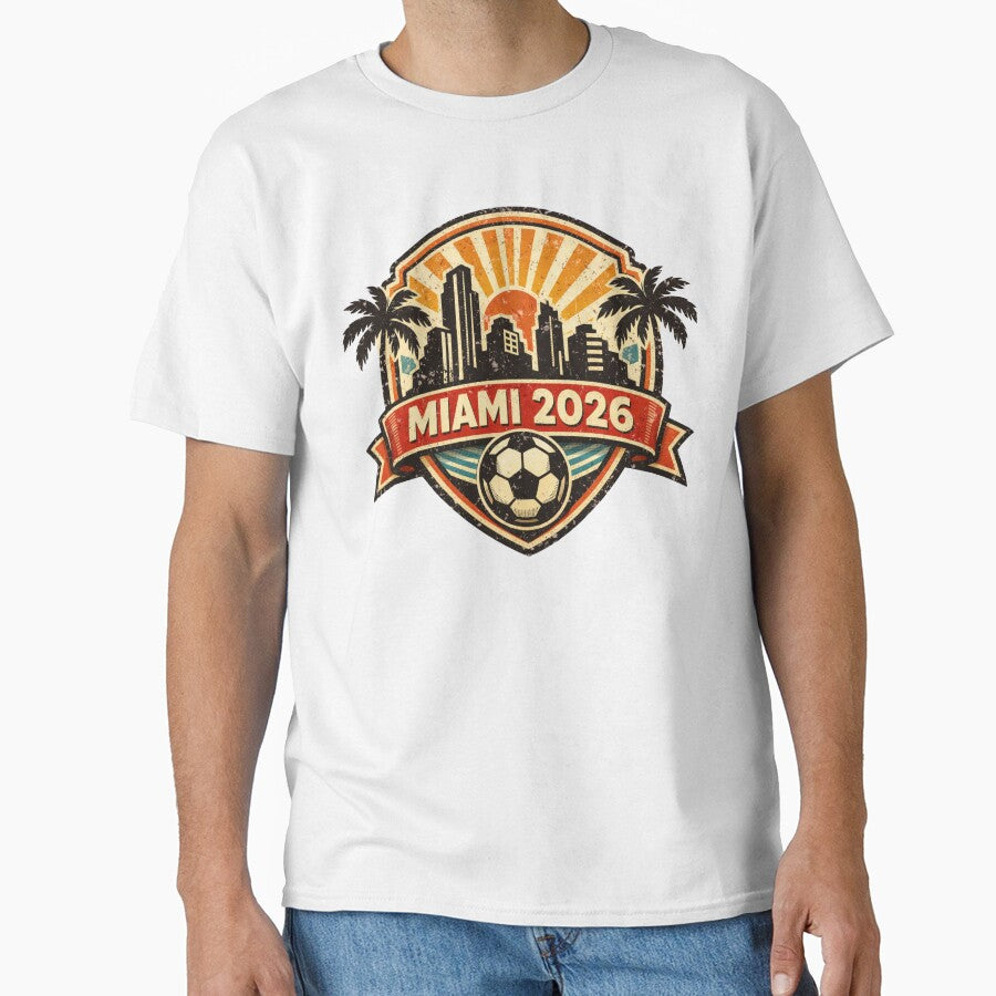 Miami 2026 World Cup Host City Sunset Vintage Football Badge — Orange Skyline Soccer Crest by BrickByDream