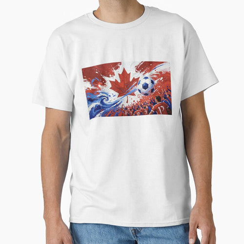 Abstract Canada Soccer Art – Maple Leaf Energy, Dynamic Football Crowd Painting by DreamyTupelo