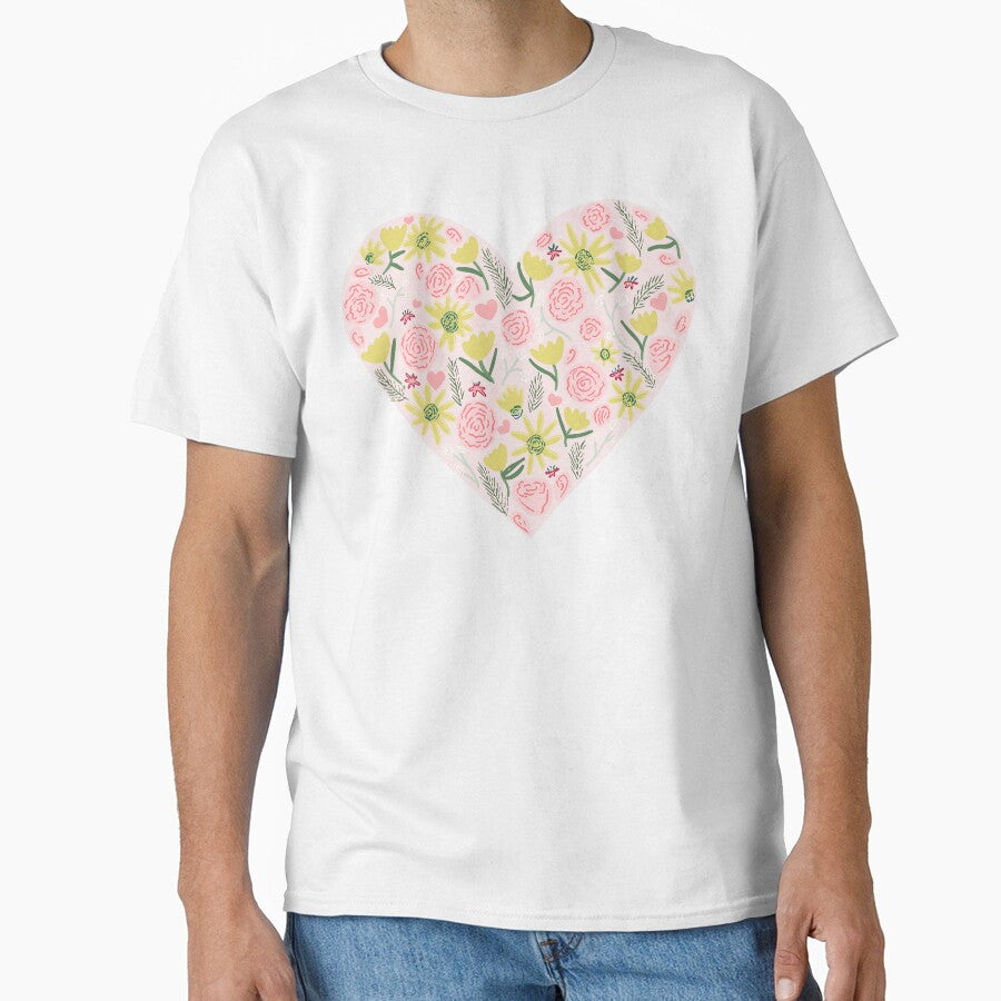 Floral heart - pink roses yellow daffodils and tulips cotton by Ingrid Poole