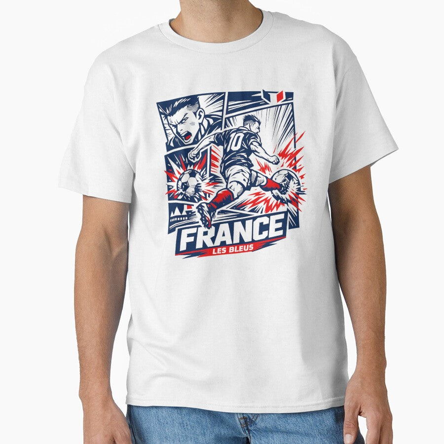 France Soccer Anime Striker Shirt – Les Bleus Football Graphic Tee, World Cup France Fan Art, Dynamic Goal Kick Design by JonelCrafts