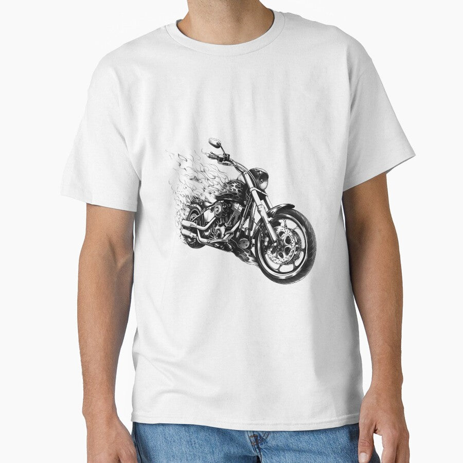 Flaming Chopper Motorcycle – Biker Hot Rod Flame Art (Black & White) by inkoutninja