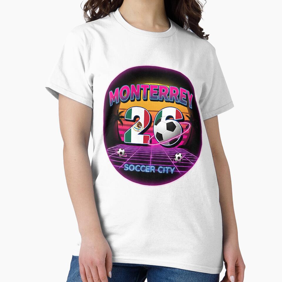Monterrey 2026 Retro Synthwave Soccer City Logo by Silent Watch Threads.