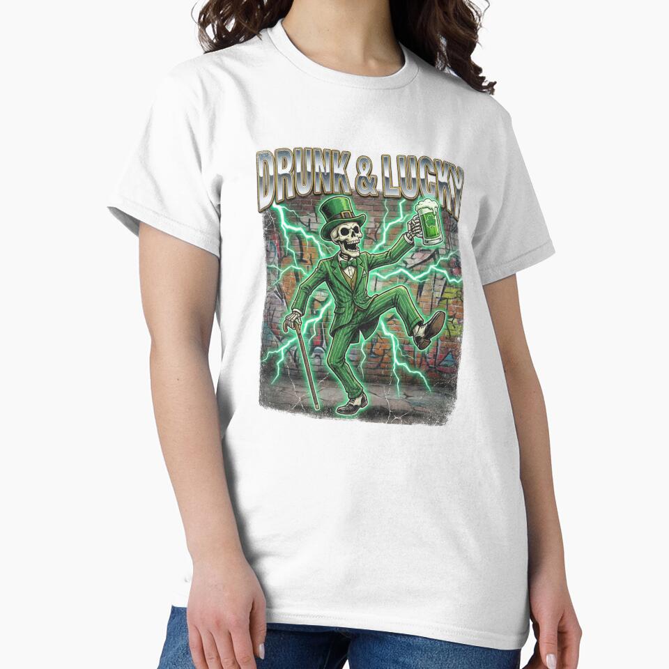 Retro Vintage Skeleton Drunk & Lucky St. Patrick's Day 90s Bootleg Style Funny Shamrocks T-Shirt by Clothesbest