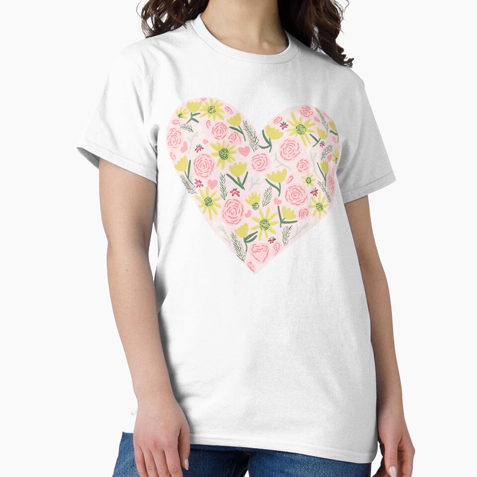 Floral heart - pink roses yellow daffodils and tulips cotton by Ingrid Poole
