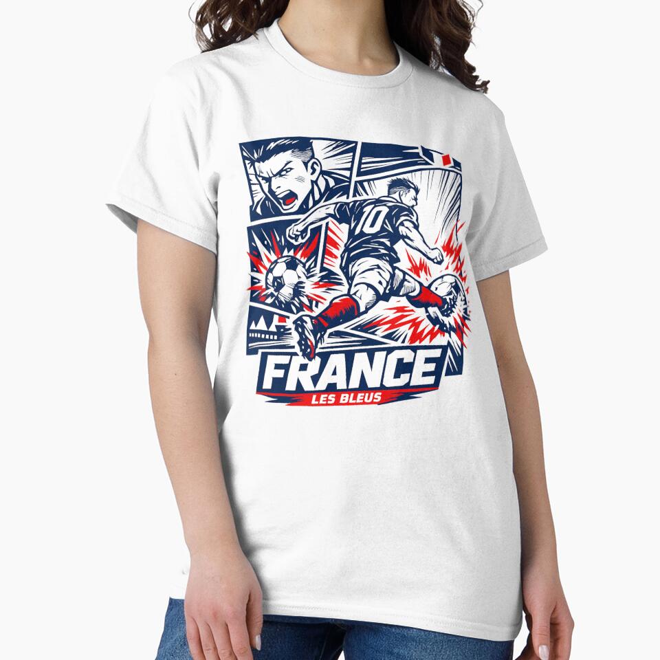 France Soccer Anime Striker Shirt – Les Bleus Football Graphic Tee, World Cup France Fan Art, Dynamic Goal Kick Design by JonelCrafts