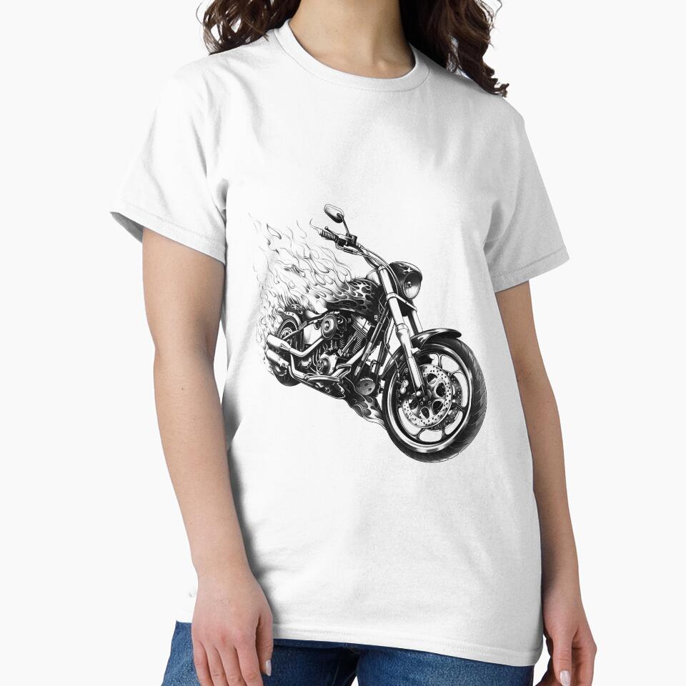 Flaming Chopper Motorcycle – Biker Hot Rod Flame Art (Black & White) by inkoutninja