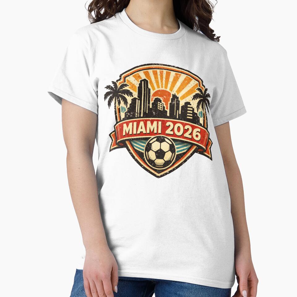 Miami 2026 World Cup Host City Sunset Vintage Football Badge — Orange Skyline Soccer Crest by BrickByDream