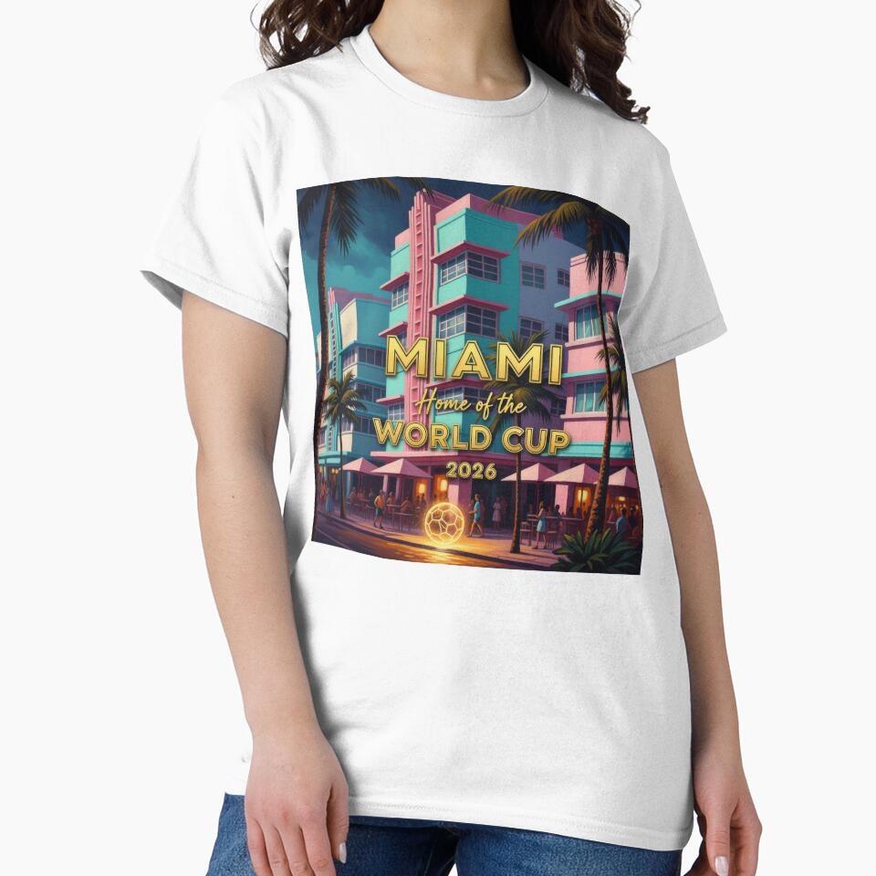 Miami Home of the World Cup 2026 Art Deco Night Soccer Poster — Ocean Drive Neon Print by BrickByDream