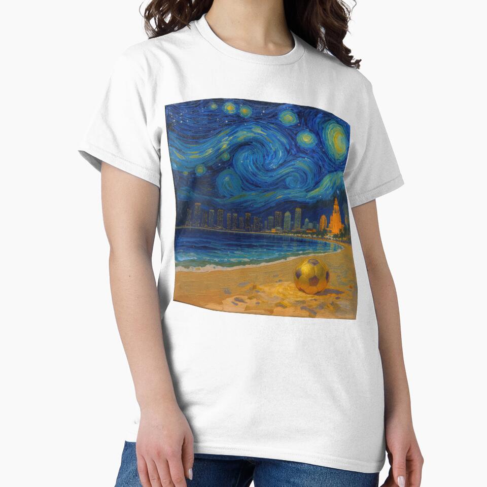 Golden Miami Starry Night Beach Soccer Fine Art Print Impasto Oil Painting by BrickByDream