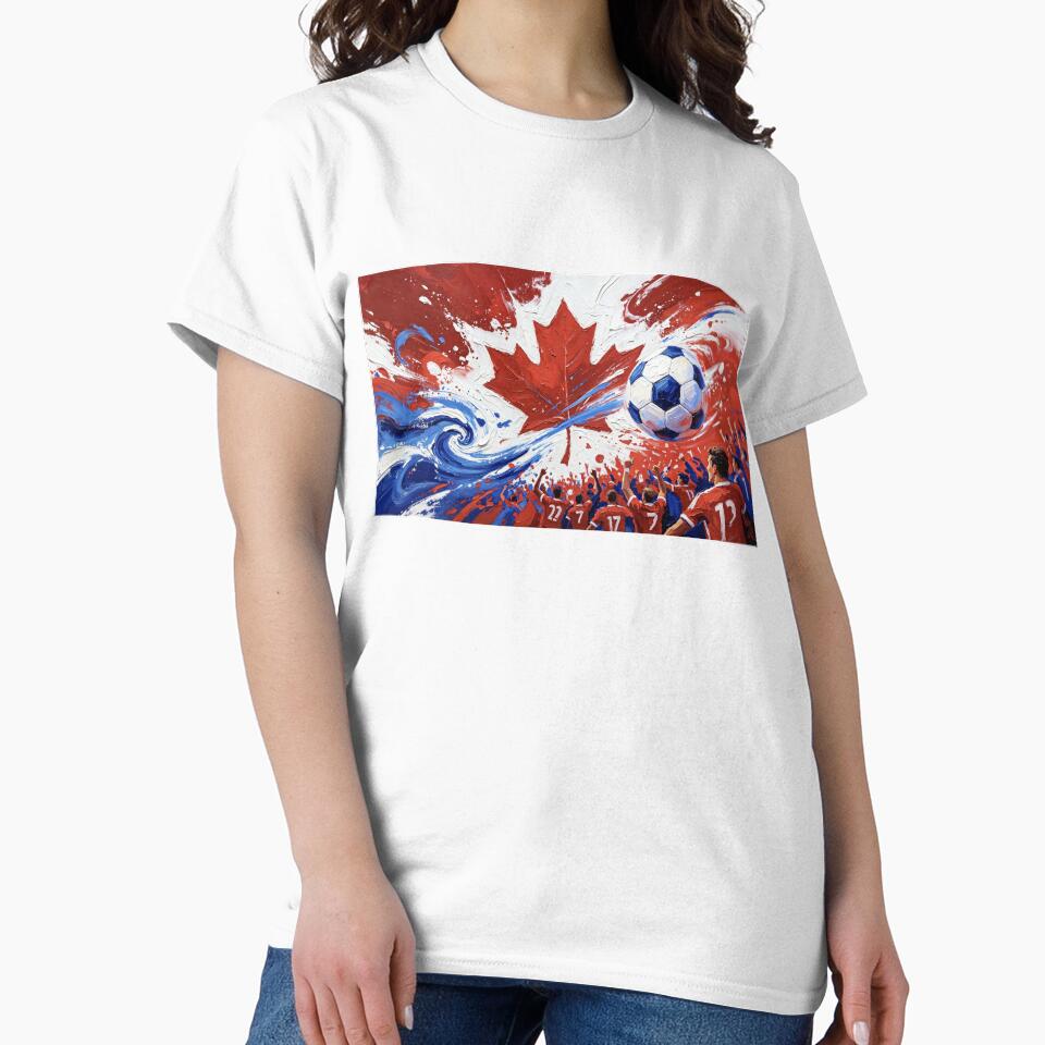 Abstract Canada Soccer Art – Maple Leaf Energy, Dynamic Football Crowd Painting by DreamyTupelo