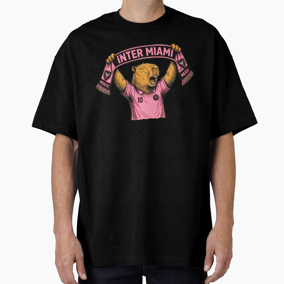 Capybara Inter Miami Fan Celebrating – Funny Soccer Illustration with Scarf by Golden Chaos