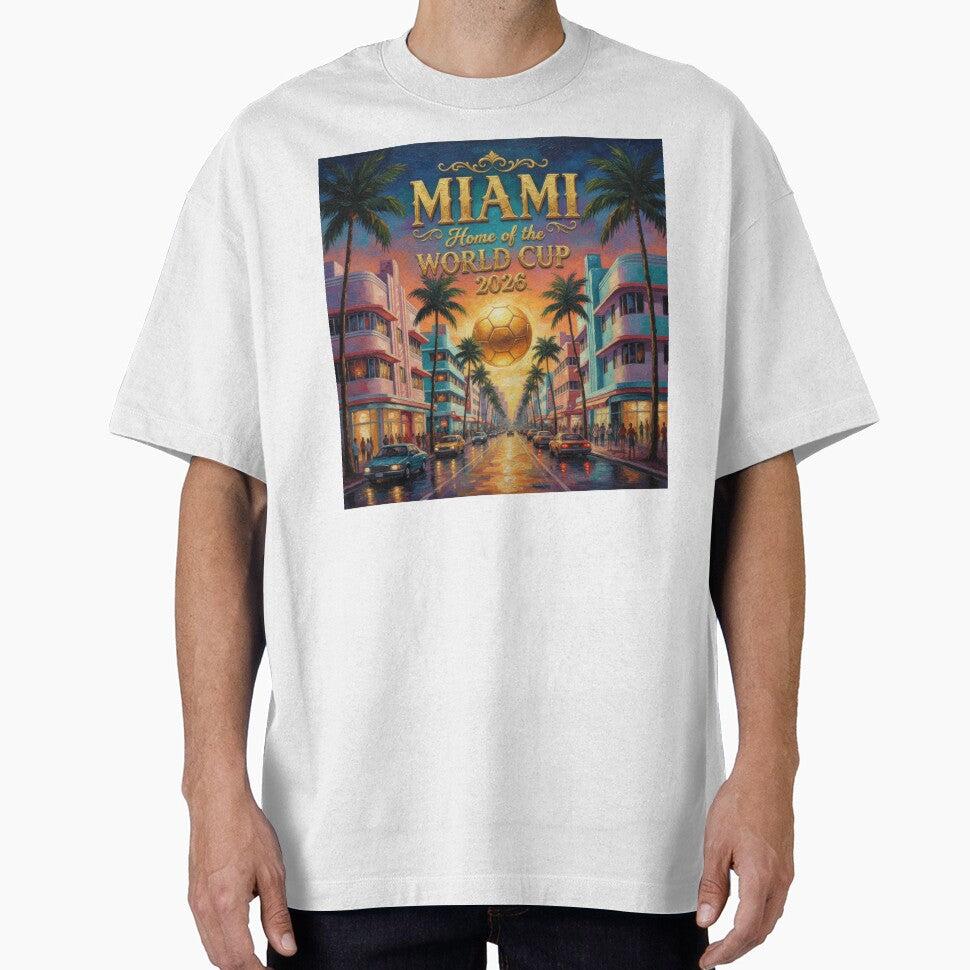 Miami Home of the World Cup 2026 Sunset Boulevard Soccer Poster — Art Deco Oil Painting by BrickByDream