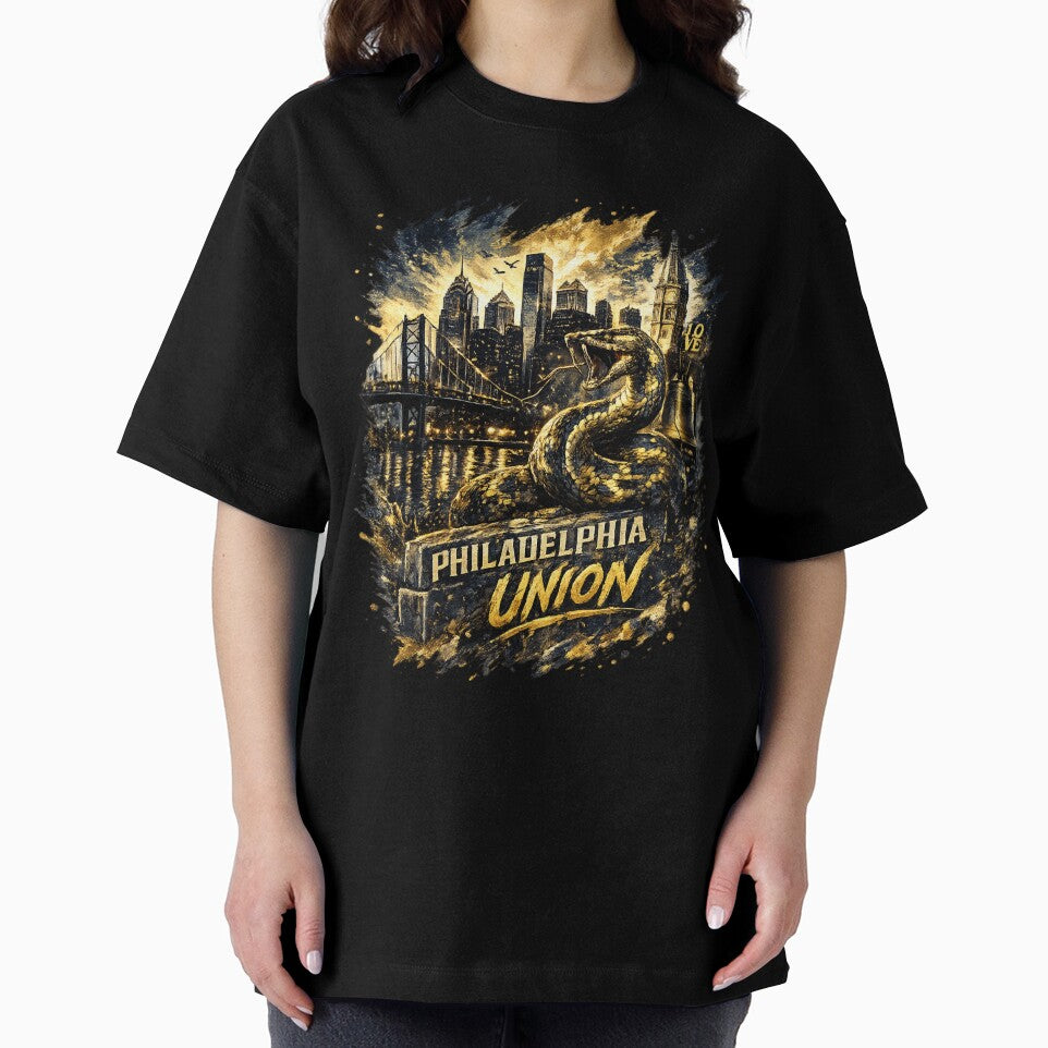Philadelphia Union Soccer Design Snake Graphic Shirt Philly Skyline Football Fan Art Gold Black Sports Tee Gift for Soccer Lovers by GarnerSupplyCo
