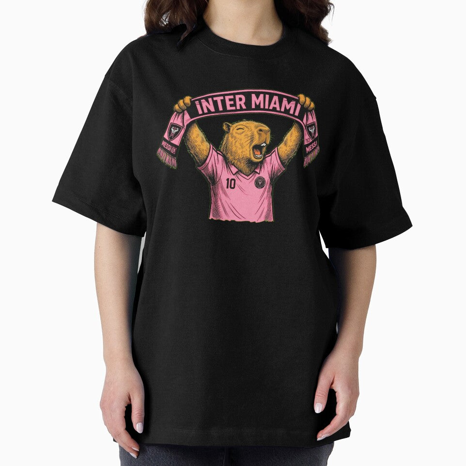 Capybara Inter Miami Fan Celebrating – Funny Soccer Illustration with Scarf by Golden Chaos