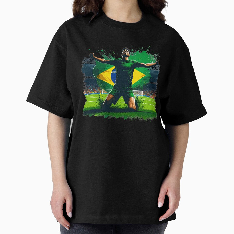Brazil Soccer Player Celebration. Brazilian flag football fan kneeling goal celebration on the pitch. Brazil supporter design for soccer lovers, football fans, players and team spirit gifts. by icemanphotos