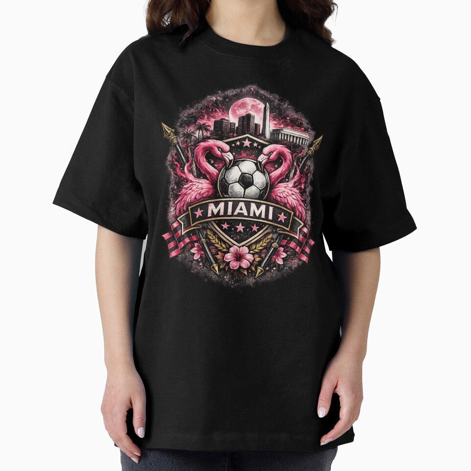 Miami Football Crest Design – Flamingo Soccer Artwork, Pink City Skyline Graphic, Miami Fan Apparel, USA Sports Crest Design by GarnerSupplyCo