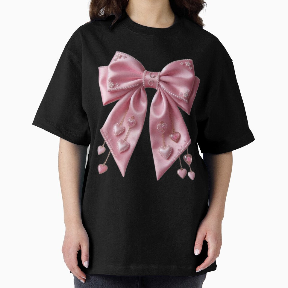 Large elegant pink satin coquette bow with tiny pearls and dangling hearts, soft girl aesthetic by polo-designs