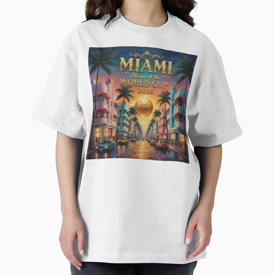 Miami Home of the World Cup 2026 Sunset Boulevard Soccer Poster — Art Deco Oil Painting by BrickByDream
