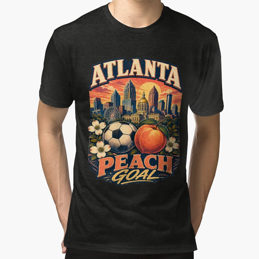 Atlanta Peach Goal Retro Soccer Travel Shirt | Georgia Skyline Vintage Football Fan Design | Atlanta Match Day Gift by Globalcitytees