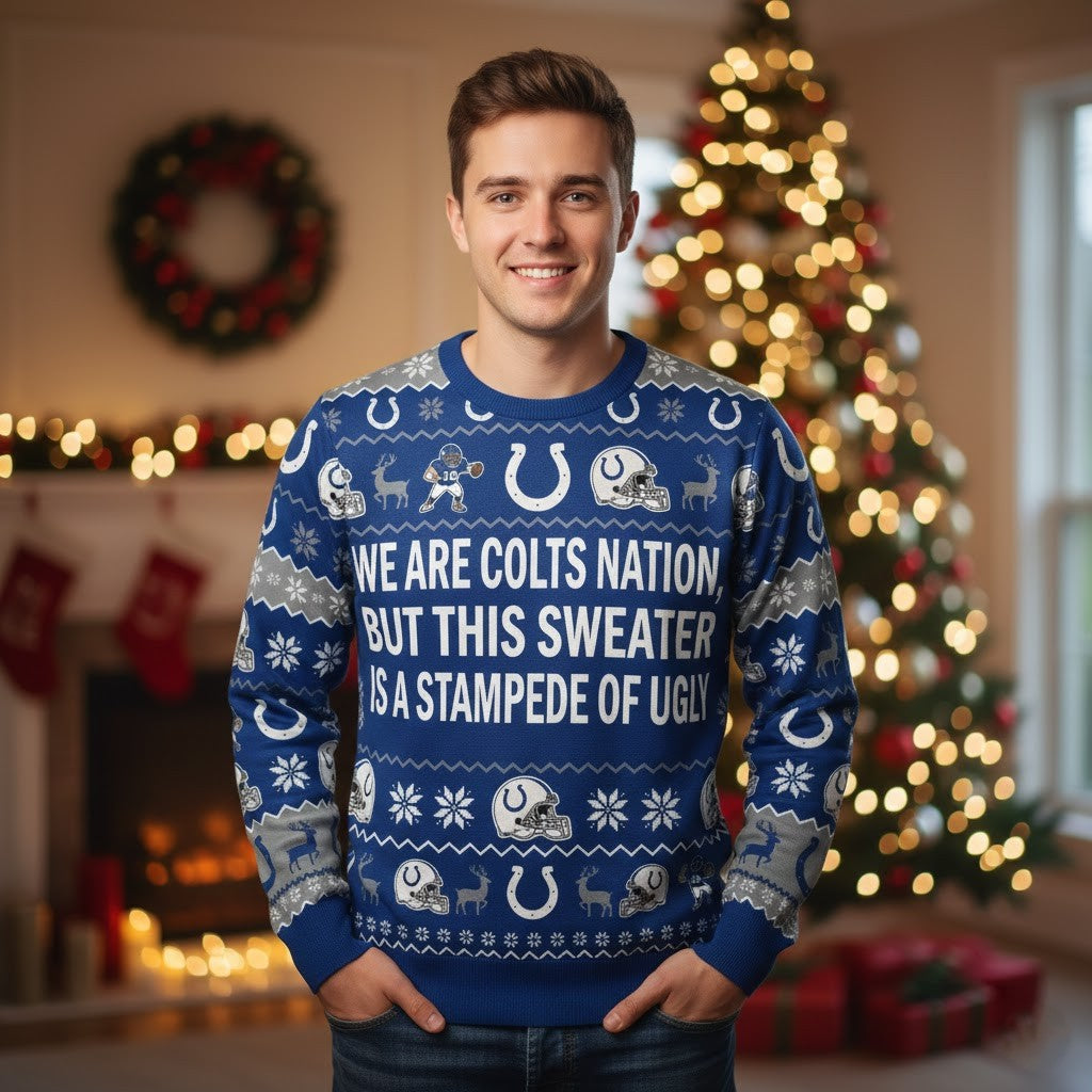Personalized Indianapolis Colts Ugly Christmas Sweater – Custom Message Horseshoe Nation For Him Her