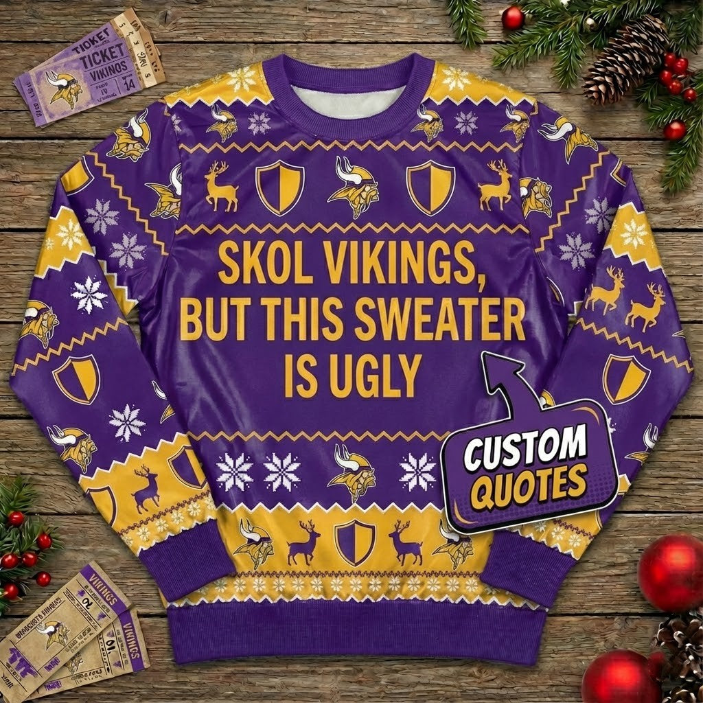 Personalized Minnesota Vikings Ugly Christmas Sweater – DIY Text Skol Nation Purple Pride Sweatshirt