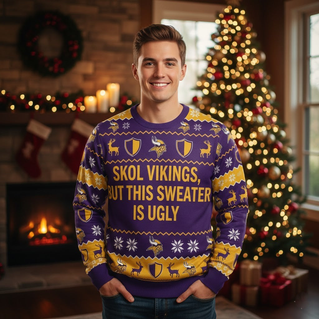 Personalized Minnesota Vikings Ugly Christmas Sweater – DIY Text Skol Nation Purple Pride Sweatshirt