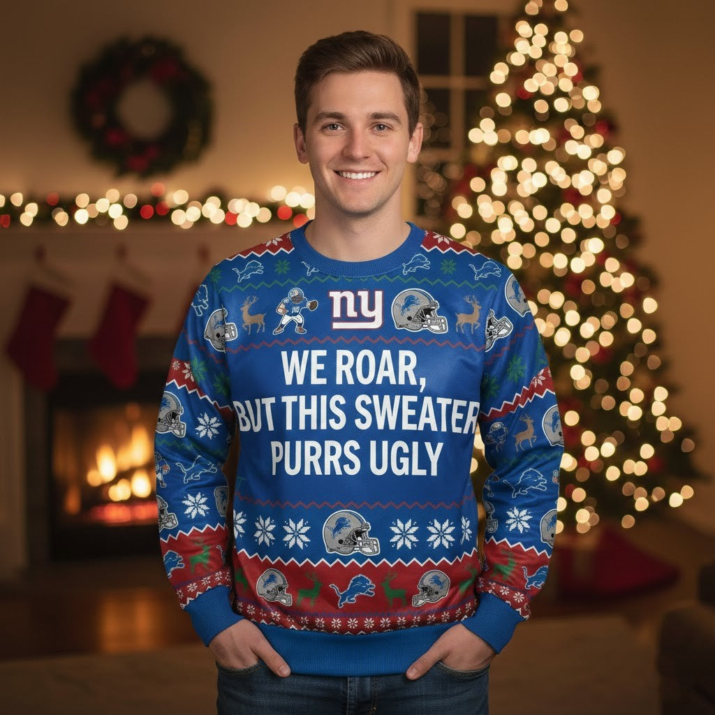 Personalized NY Giants Ugly Christmas Sweater – Big Blue Wrecking Crew Custom Holiday Jumper