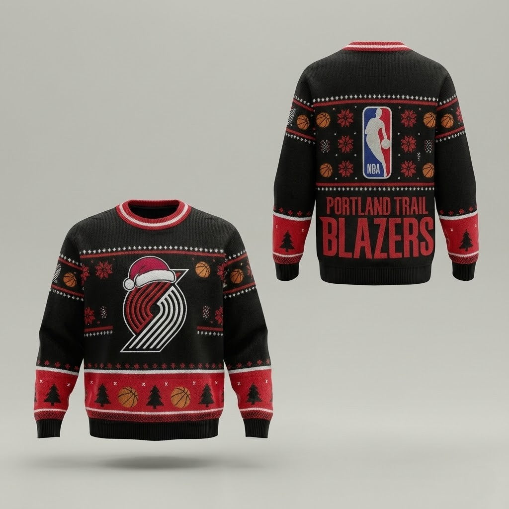 Portland Trail Blazers Ugly Christmas Sweater – Rip City Holiday Knit Red & Black Logo Christmas Apparel NBA