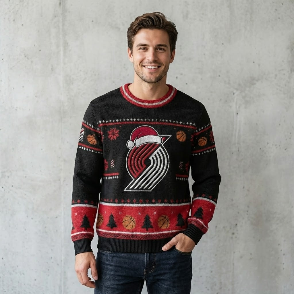 Portland Trail Blazers Ugly Christmas Sweater – Rip City Holiday Knit Red & Black Logo Christmas Apparel NBA