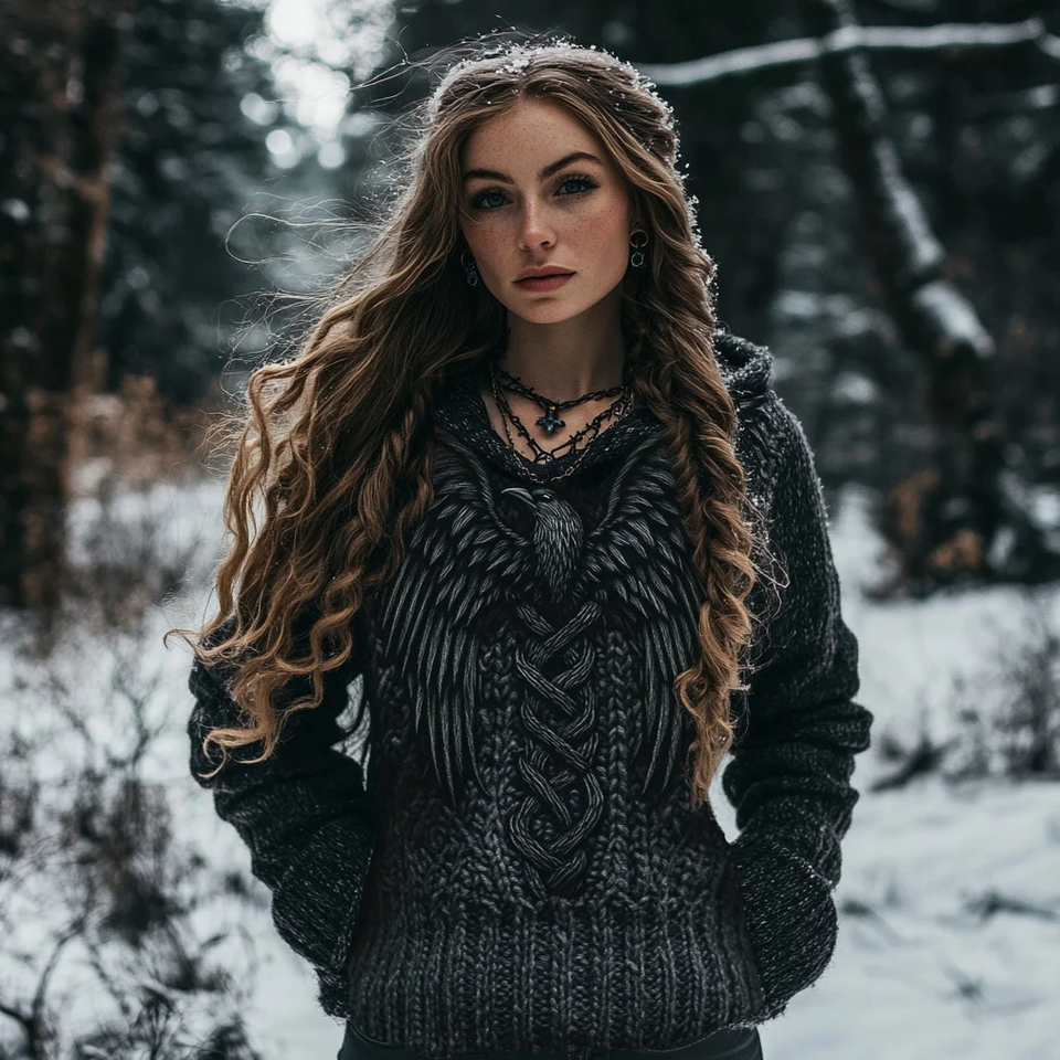 Women's Viking Bird Graphic Chunky Knit Celtic Knot Vintage Pocket Hooded Sweater Knit Hoodie