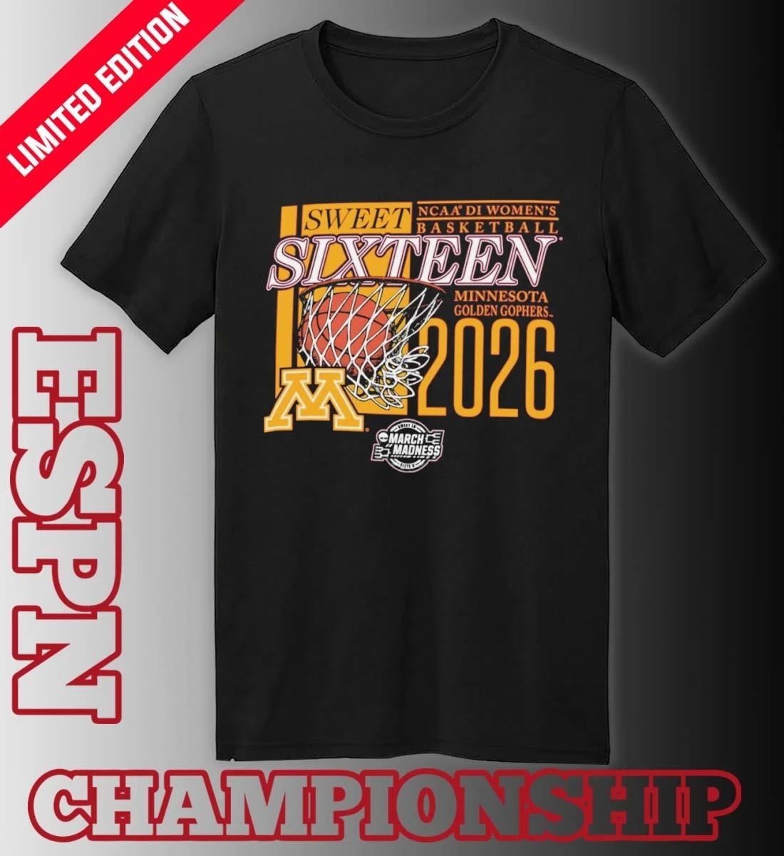 Minnesota Golden Gophers 2026 NCAA DI Women’s Basketball Sweet Sixteen – Sacramento Regional T-Shirt