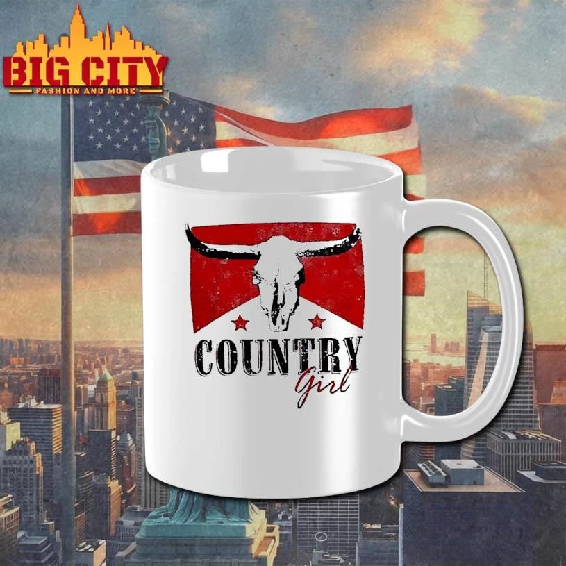 Country Girl Western Bull Skull Red Star White Shirt