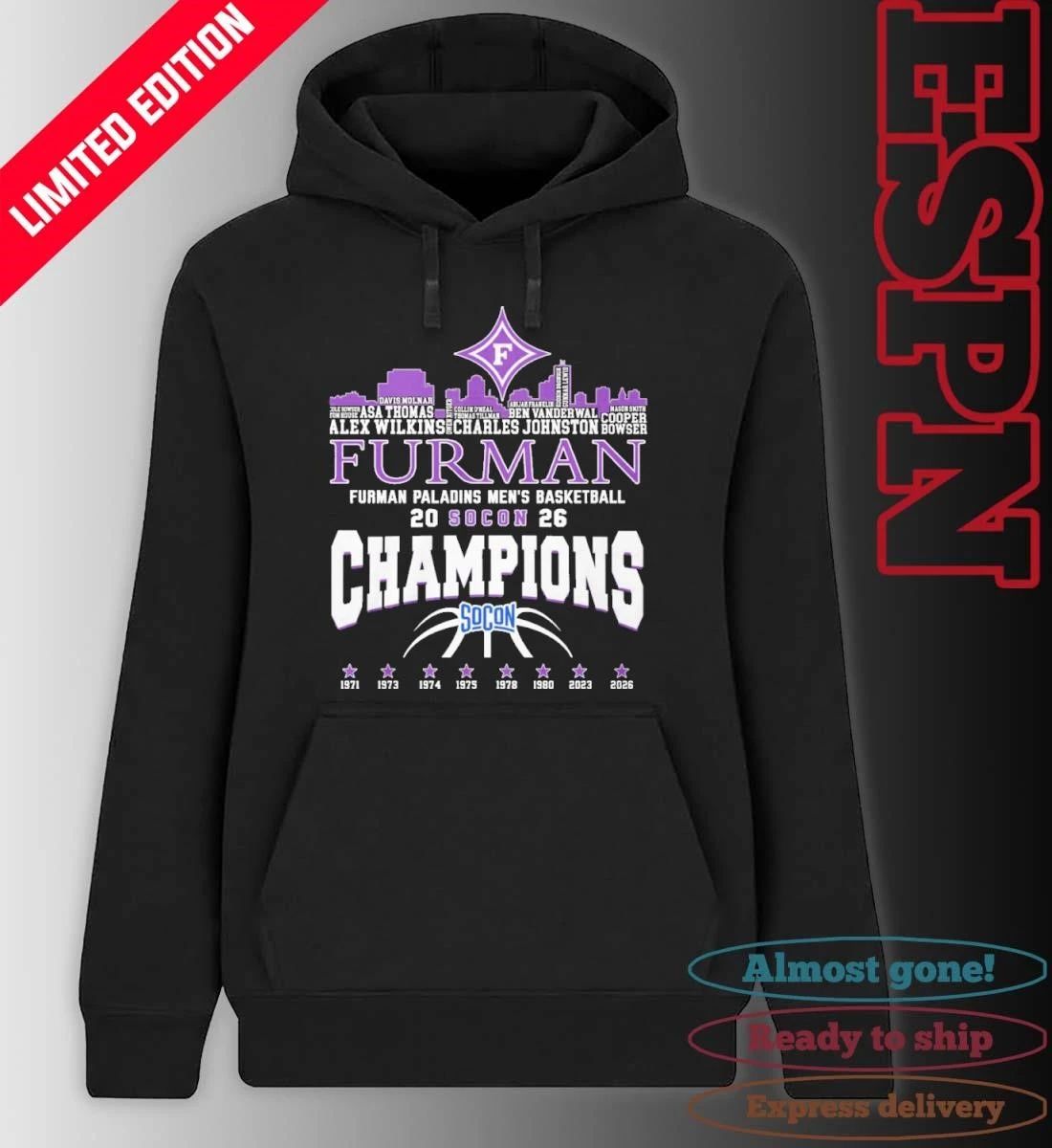 Furman Men’s Basketball 2026 Socon Champions Skyline Player Name Shirt