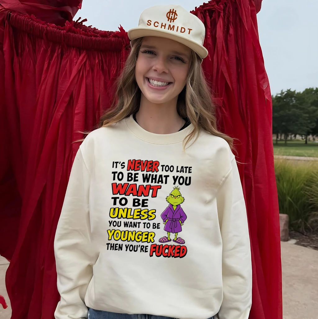 Grinch It Is Never Too Late to Be What You Want Unless You Want to Be Younger shirt