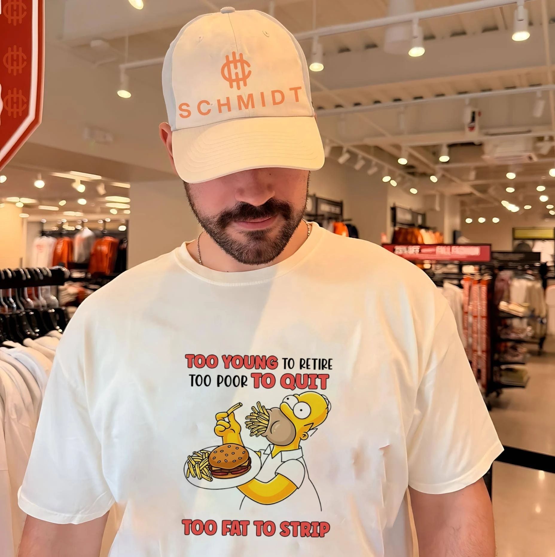 Too young to retire too poor to quit too fat to strip Simpson eating hamburger shirt