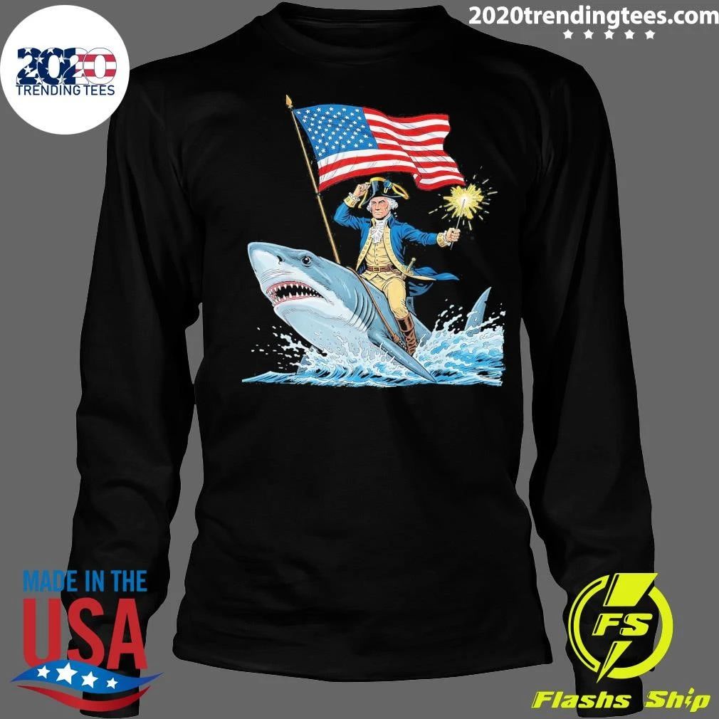 George Washington Riding Shark Funny July 4th American Flag Tee Shirt