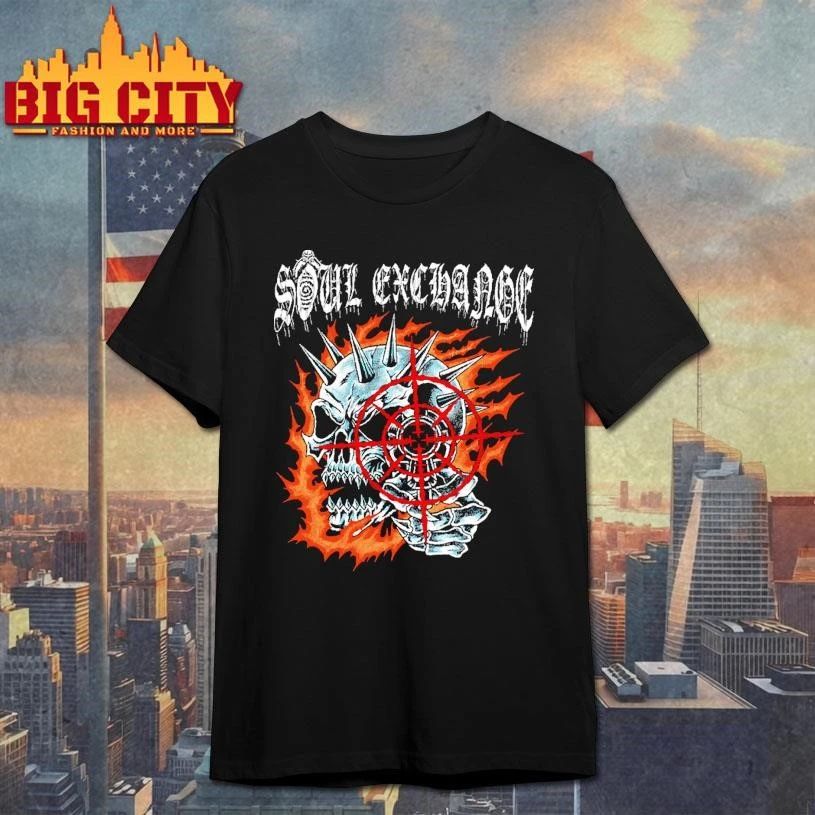 Soul Exchange Flaming Spiked Skull Crosshair Heavy Metal T Shirt