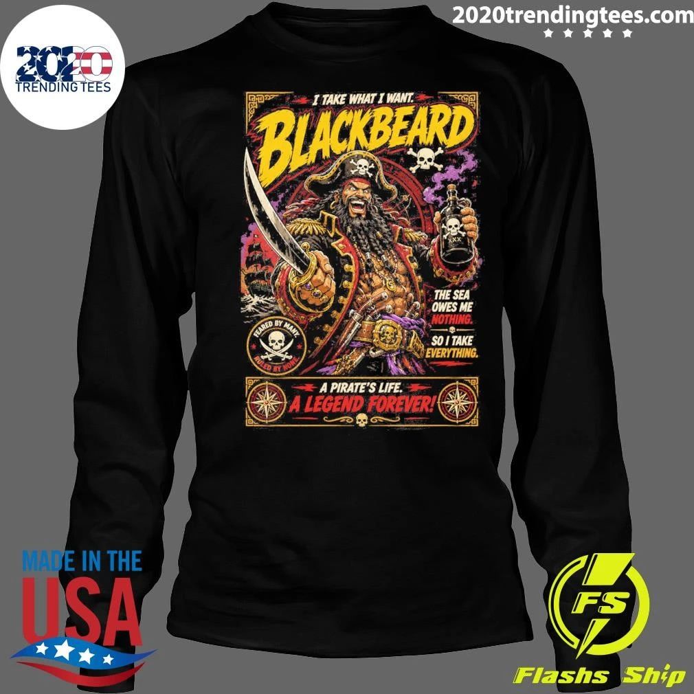 Blackbeard Pirate Captain Skull Sword Buccaneer Tee Shirt