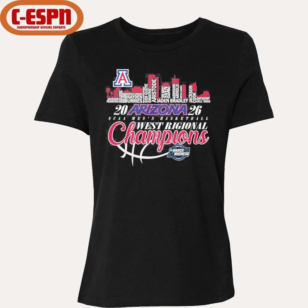 Arizona Wildcats 2026 Men’s Basketball Midwest Regional Champions Skyline Player Name Shirt