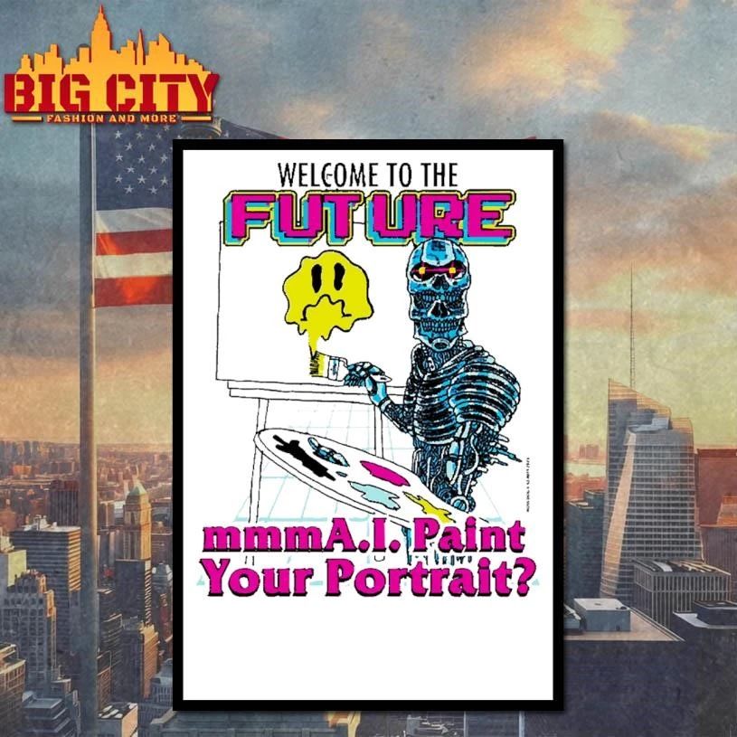 Welcome To The Future AI Robot Skull Painting Melting Smiley Face Graphic T shirt