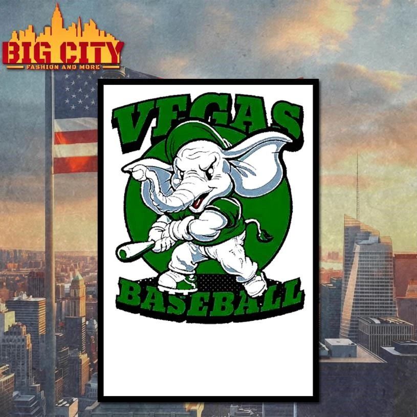 Vegas Baseball Elephant Batting Green Mascot White Shirt