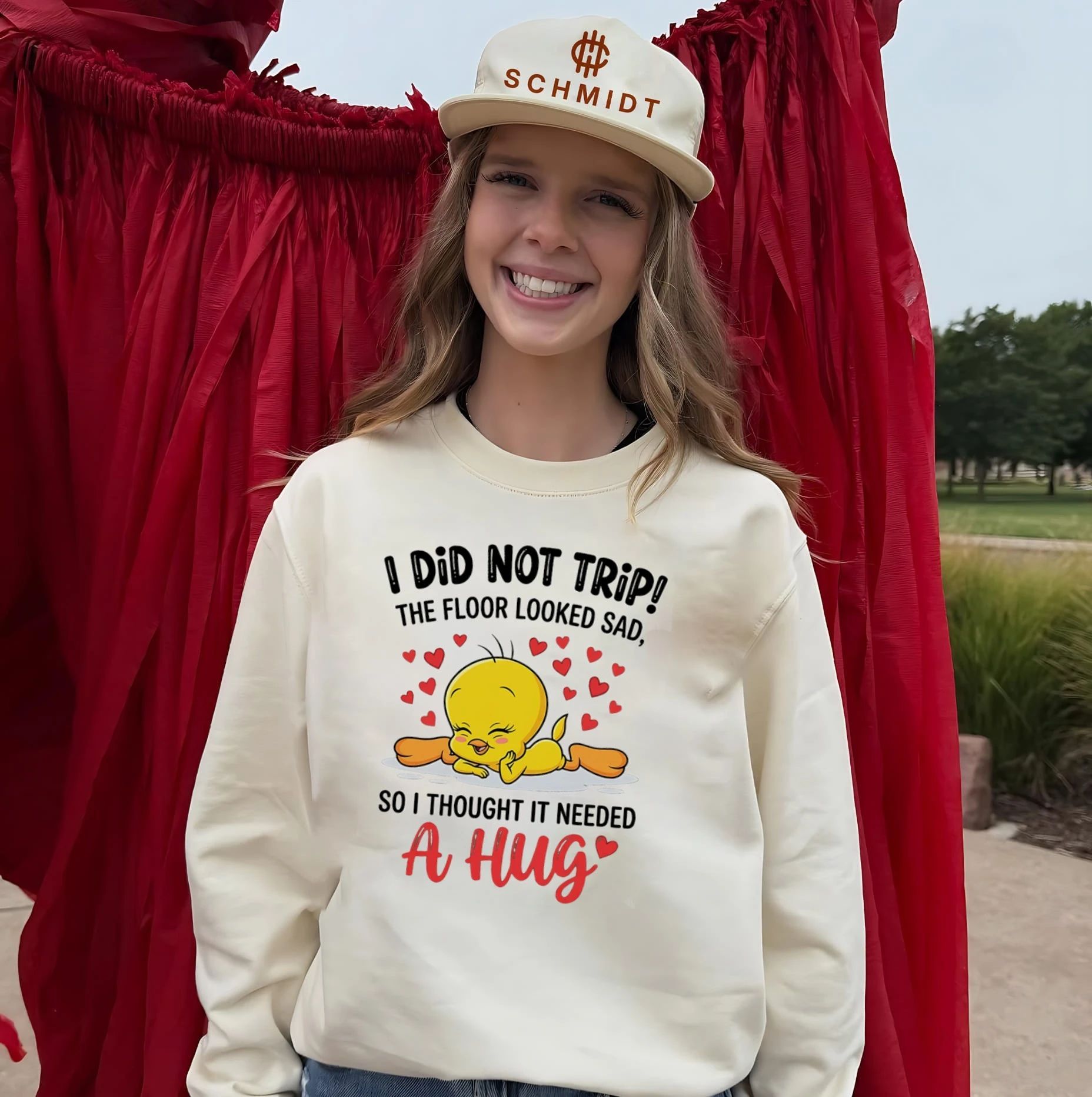 I did not trip the floor looked sad so I thought it needed a hug Tweety shirt