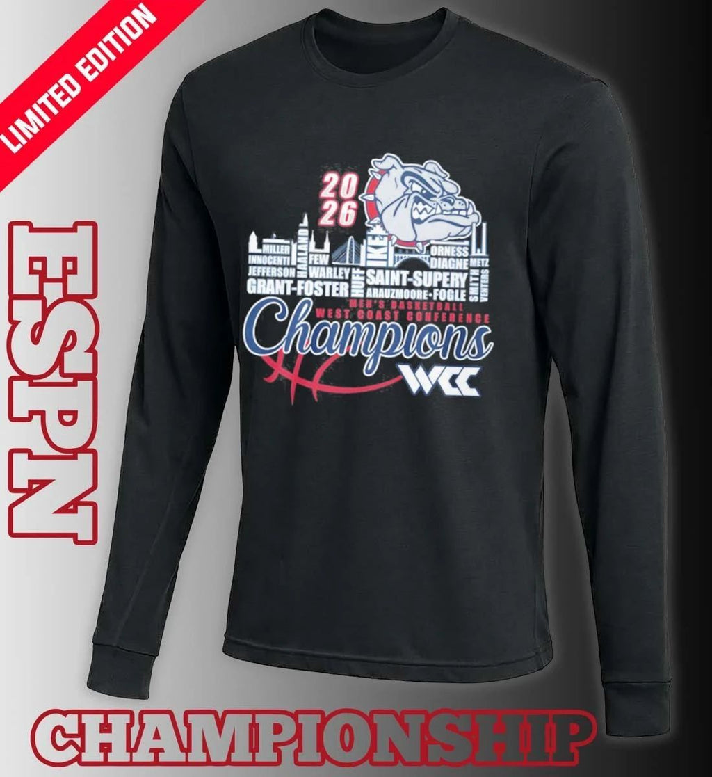 Gonzaga Bulldogs Men’s Basketball WCC Champions Skyline Player Name Shirt