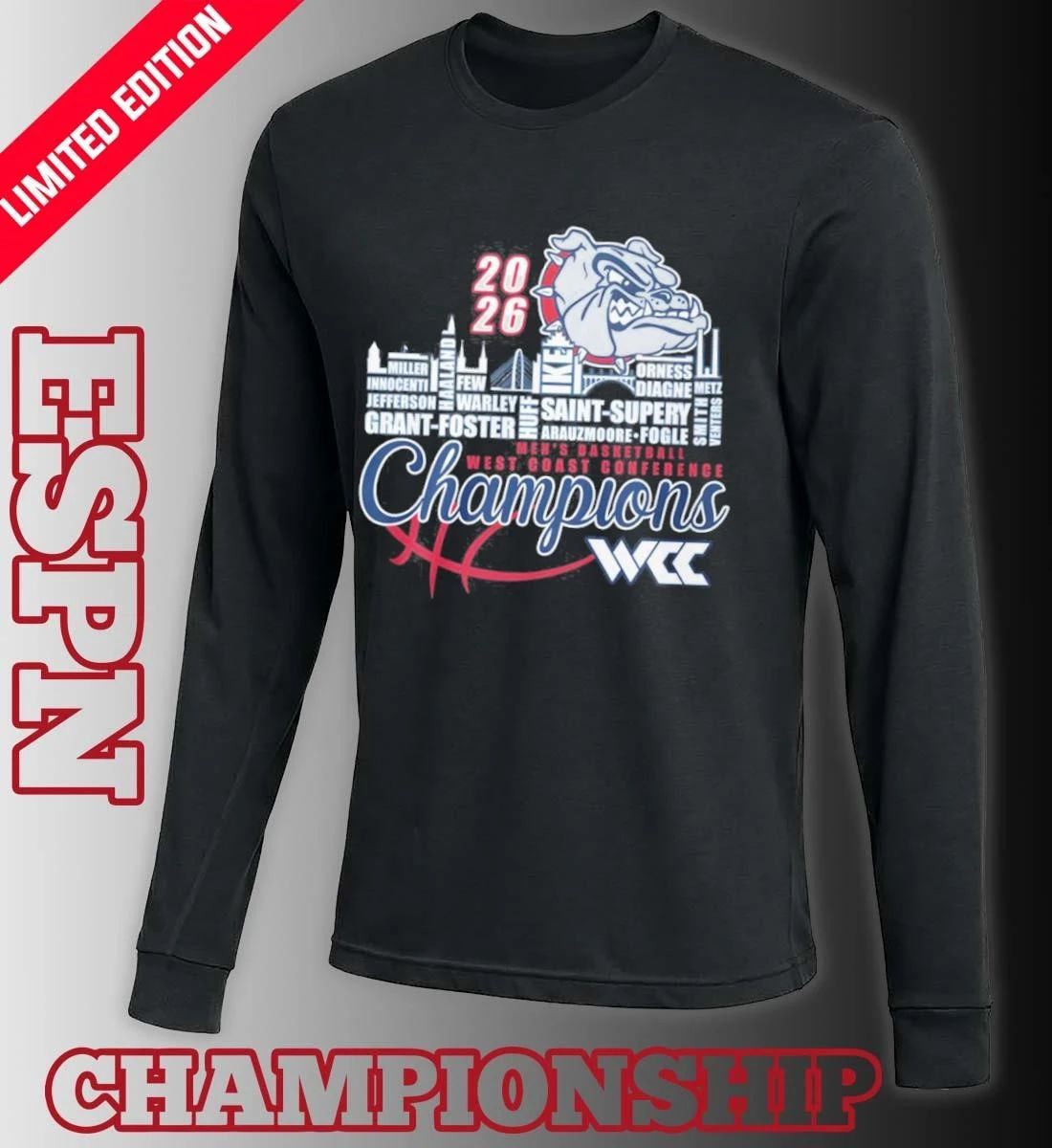 Gonzaga Bulldogs Men’s Basketball WCC Champions Skyline Player Name Shirt